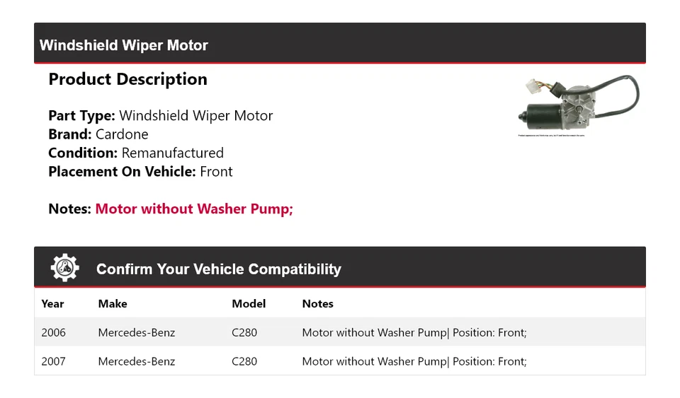 For 2006-2007 Mercedes-Benz C280 Windshield Wiper Motor Front Cardone - Image 2 of 4
