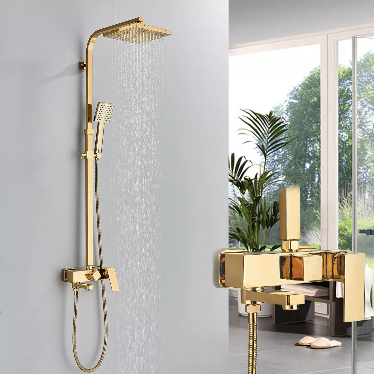 Polished Gold Bathroom Shower Set Mixer Tap 8 Square Head Top Spray Hand  Shower