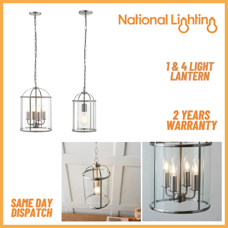 NATIONAL LIGHTING Dimmable E14 LED Pendant Lantern IP20 Satin Nickel Adjustable Ceiling Lights