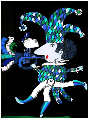 2065 Blue Joker plays trumpet animated quality Poster.Artistic Decorative Art.