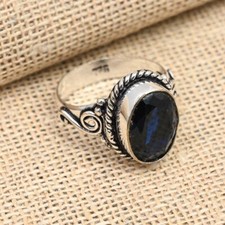 Lab-Created Blue Sapphire Gemstone Handmade 925 Sterling Silver Ring Jewelry