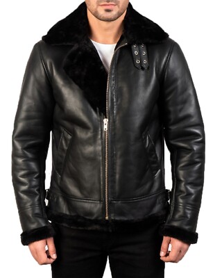 Men's B3 Aviator Flying Raf Shearling Black Sheepskin Genuine Leather Jacket