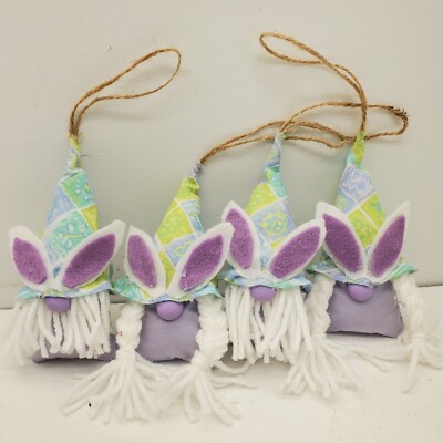 Set Of 4 Handmade Purple Easter Bunny Gnome Ornaments