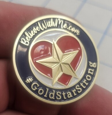 VTG Lapel Pinback Hat Pin Gold Tone Round Golt Star Strong Belive With Me .com 