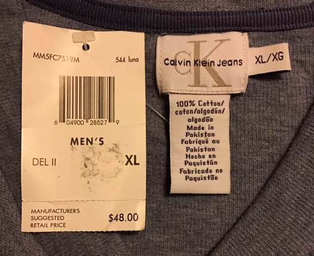 NWT Men's Shirt Calvin Klein Size XL V-Neck Pullover Cotton Tag