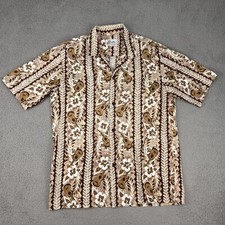 Winnie Fashion Hawaiian Shirt Mens Large Brown Floral  Ukulele Print Aloha