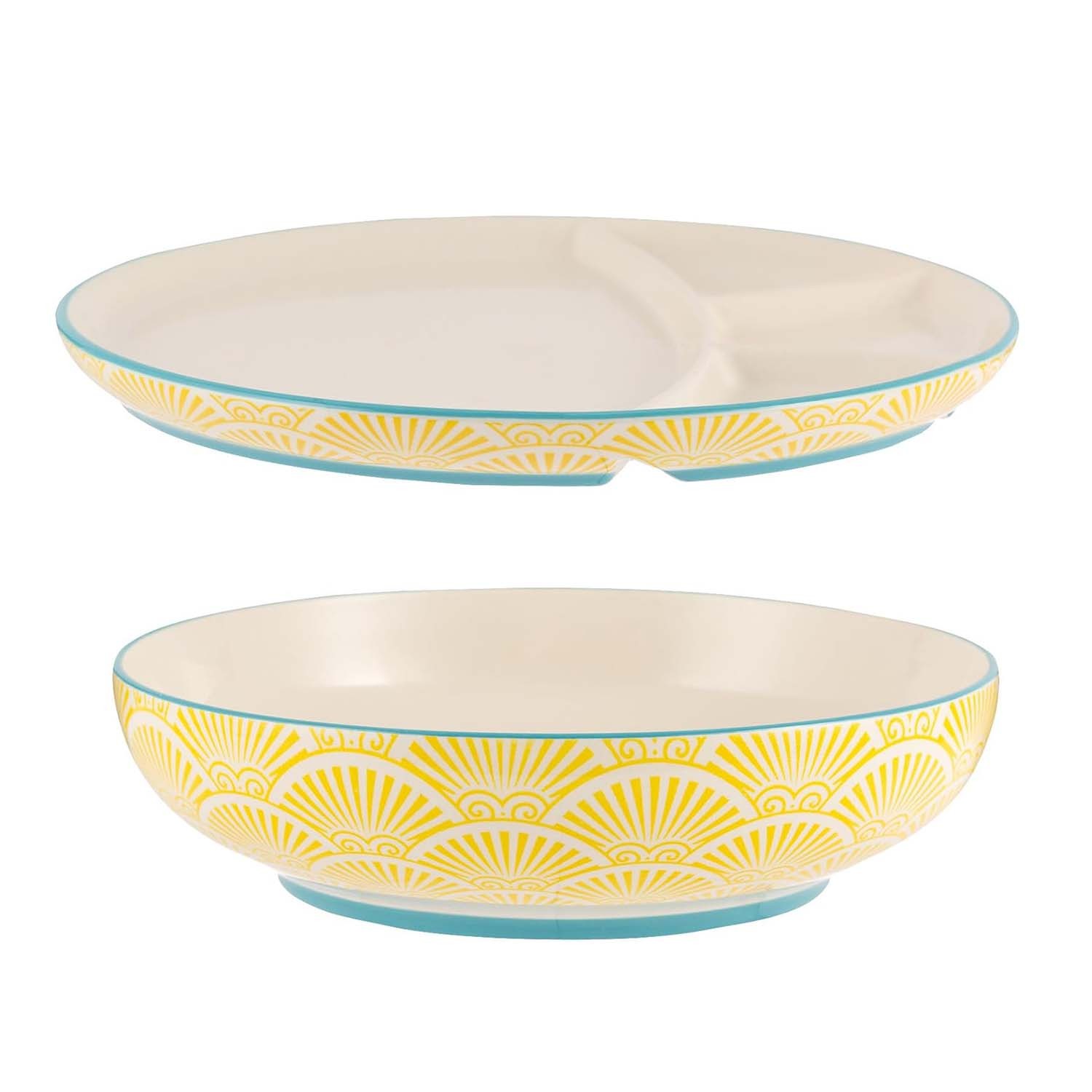 Multi-Cuisine Bowl & Divider Plate Stoneware Curry Bowl Bread & Dip Plate 23cm