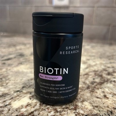 Sports Research Biotin 10000mcg Softgels Hair Skin Nail Health 120-Pack Vegan