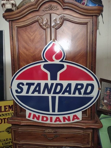 VINTAGE LARGE STANDARD GASOLINE 3FT PORCELAIN SIGN TORCH MOTOR OIL GAS AMOCO