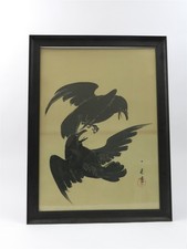 Original Signed Japanese Watercolor Painting Fighting Ravens 33.5" x 22.25"