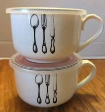 2 Ciroa Microwave Me Bowl/Mugs with Venting Lids Silverware Fine Porcelain 