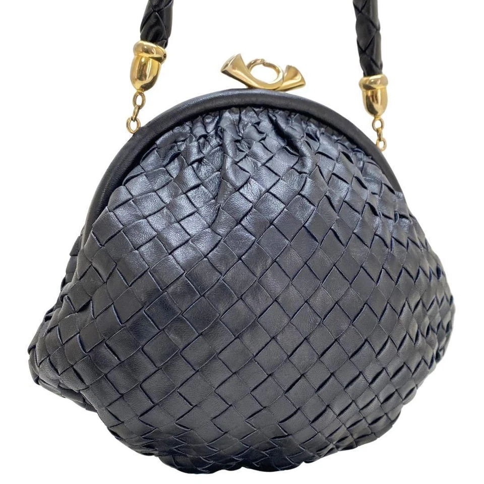 Bolso de Mano Bottega Veneta Intrecciato Marco Cierre Bolsa Cuero Azul Marino Tejido De Colección Foto 2 de 4