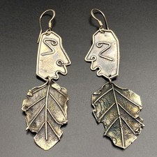 Vintage Modernist Abstract Face Leaf Sterling Silver Dangle Earrings - Repaired