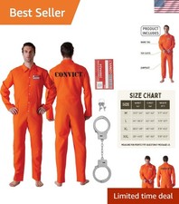 Men's Orange Prisoner Costume, 3-Piece Inmate Jumpsuit Outfit with Name Tag