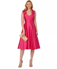 Adrianna Papell Cocktail Dress Size 0 Pink 3D Floral Fit & Flare Midi NWT