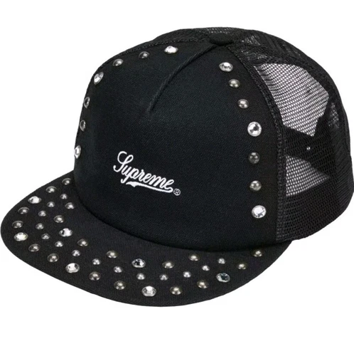 B.B. Chapeau camionneur noir Simon x Supreme toile cloutée dos maille 5 panneaux automne 24