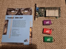 3Dfx Voodoo 3000 AGP 16MB, features sheets, 3x 3dfx keyrings, retro, VGA, GPU