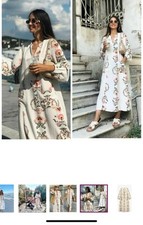 Zara Floral Kaftan Dress Print Midi Linen Cotton Blend Size XS