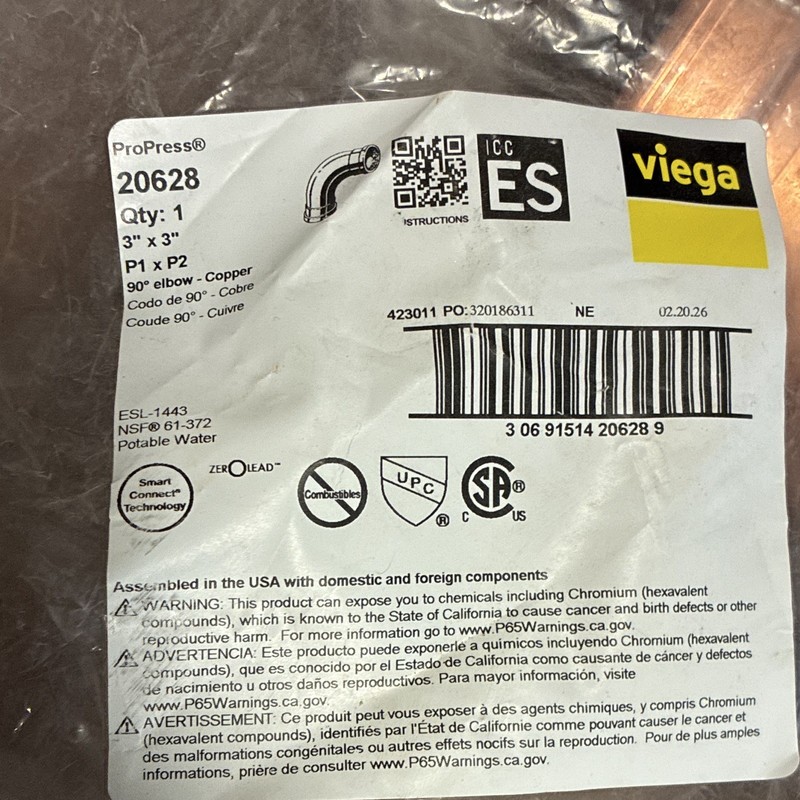 Viega ProPress Copper 90° Elbow 3 in MPN 20628 Zero Lead Qty 1