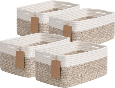 4 Pack Storage Baskets Shelves Rectangle Woven Baskets Organizing Cotton Rope