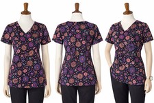 Zoe Chloe Scrub Top S Black Floral V-Neck Healthcare Medical Uniform