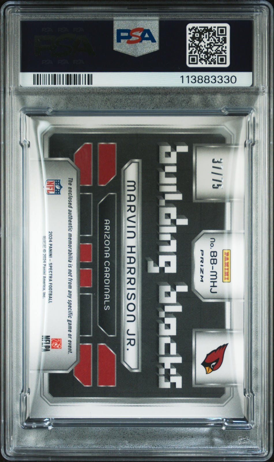 2024 PANINI SPECTRA #BBMHJ MARVIN HARRISON JR BUILDING BLOCKS RELIC-HYPER PSA 9 view 2
