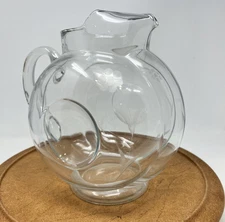 Vintage "Ball" Pitcher - Etched Glass - Floral - Applied Handle