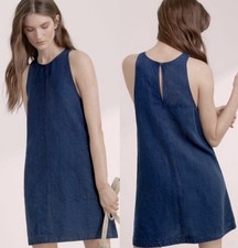 Aritzia Wilfred Linen Blend Trompette Denim Dress Sz XXS Blue Pockets Chambray 