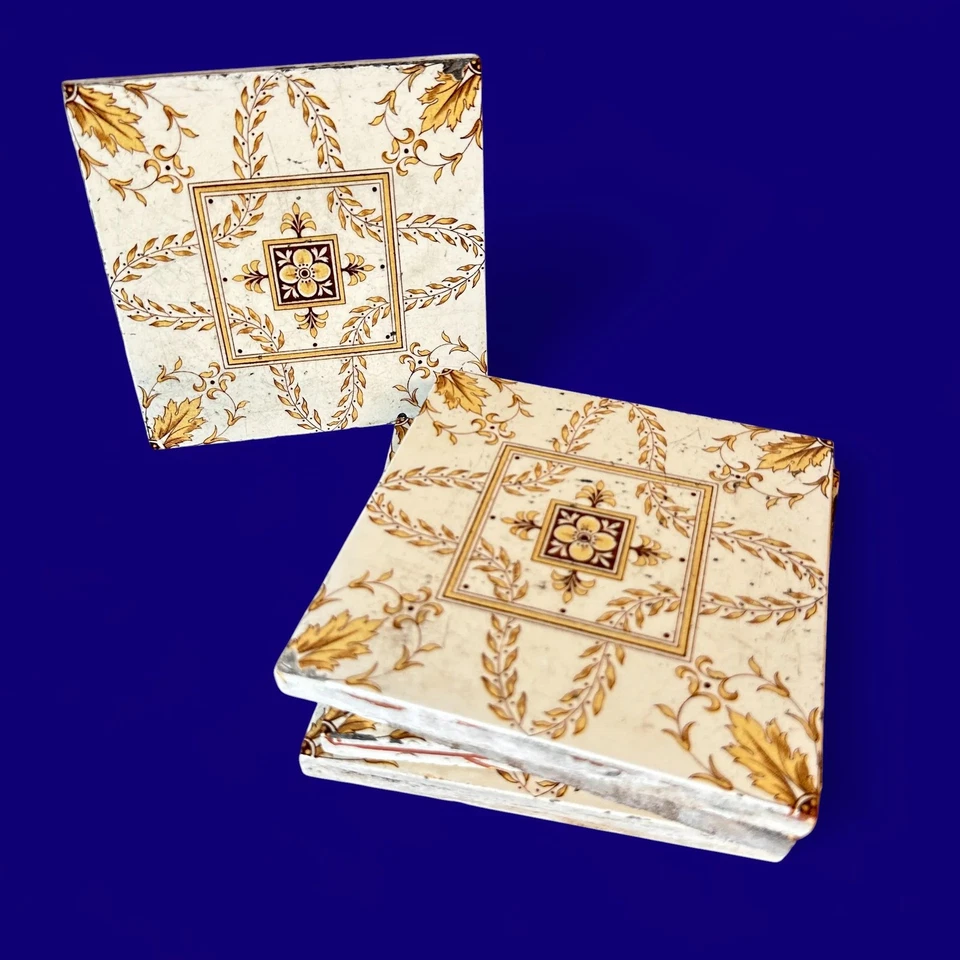 Antique Minton Victorian Tiles, 1891 Floral Transferware, Set of 5, Yellow - Image 2 of 4