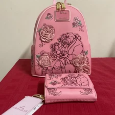 LOUNGEFLY DISNEY BEAUTY AND THE BEAST PINK ROSES MINI BACKPACK & WALLET NWT!!🌹