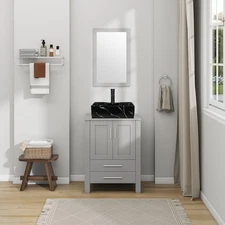 24" Freestanding Bathroom Vanity Set w/ Ceramic Sink, Storage Cabinet & Mirror