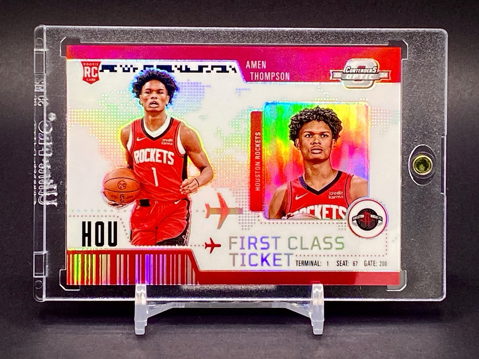 Amen Thompson RARE ROOKIE REFRACTOR TICKET CARD SP ROCKETS PANINI w/HOLDER