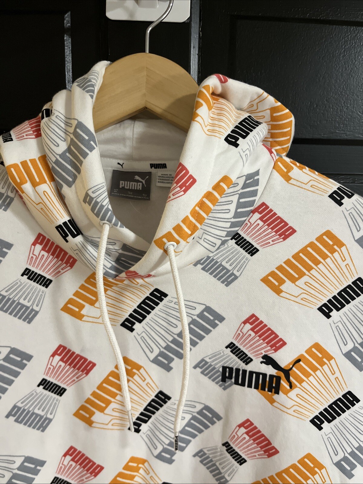 Puma Fleece Hoodie Mens XL White / Logo Repeat Print Sportswear AOP