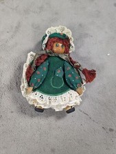 Vintage Folk Art Handmade Wood  Fabric Doll With Pretty Dress 6" Tall