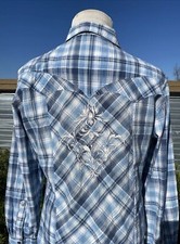 Rock 47 Men Button Up Plaid Long Sleeve Shirt Large Blue Pearl Snap Western