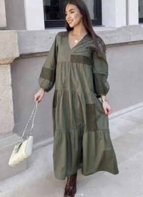 ZARA POPLIN EMBROIDERED MIDI DRESS KHAKI GREEN SIZE S UK 8-12 3798