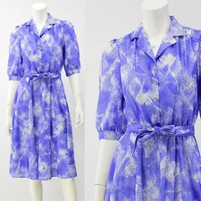70s Vintage Women's 6 Blue Floral Print Shirt Dress 3/4 Sleeves California Looks