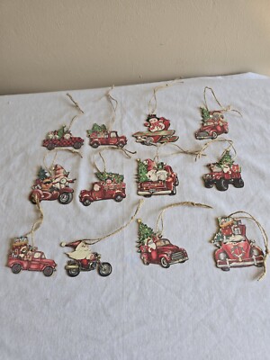 12pc Set Of Wood Red Truck Hanging Christmas Tree Ornaments Holiday Decorations