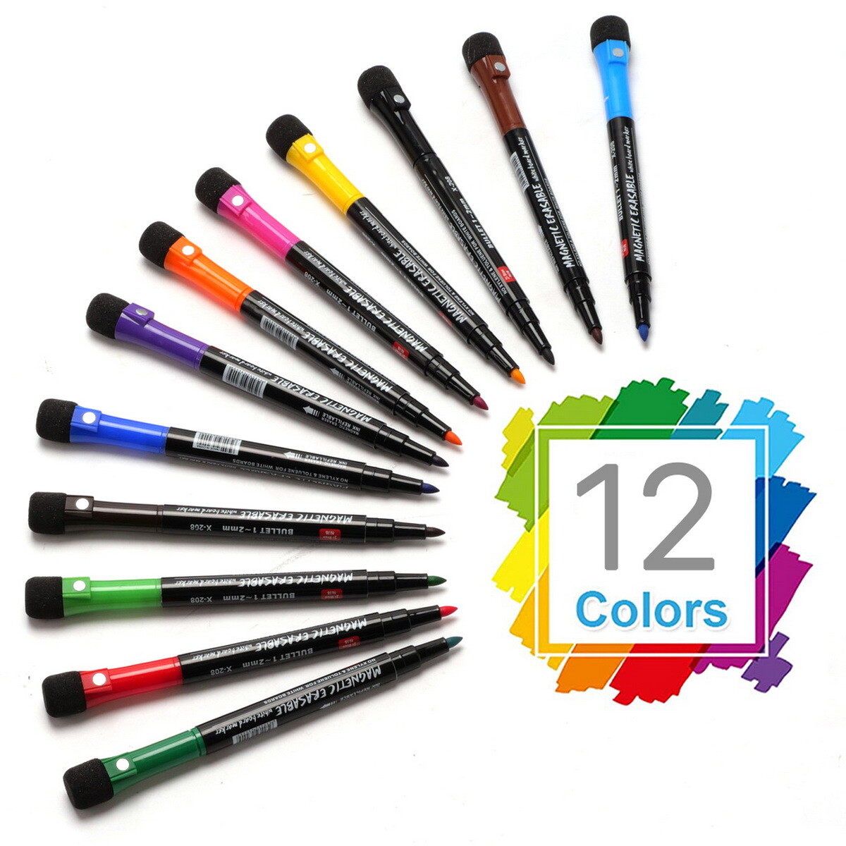 Set of 12 Whiteboard Assorted Maker Pens Magnetic Fine Tip Eraser