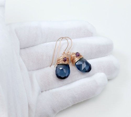 Spyglass Designs Earrings mde w/ Crystal London Blue Topaz 14k Solid Gold Wrap - Picture 2 of 23