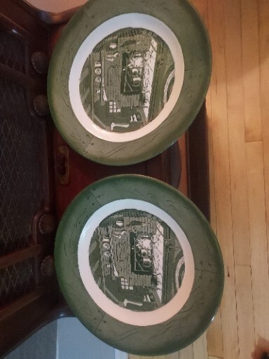 2 Colonial Homestead By Royal Green 10" Dinner Plate Log Cabin Fireplace Vintage