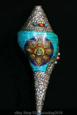 11.6 " Old Tibet Silver Inlay Turquoise Eight Treasures Conch Shell Trumpet Horn