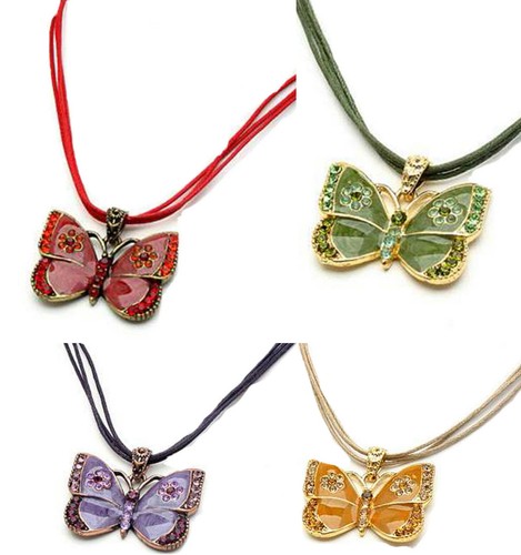VICTORIAN RED GREEN PURPLE OR GOLD ENAMEL MULTI CHORD CRYSTAL BUTTERFLY NECKLACE - Picture 6 of 6