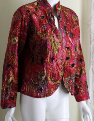Chico's 1 M AMAZING WORK OF ART 100% Silk Funky Jacket Blazer Pink Green Red 