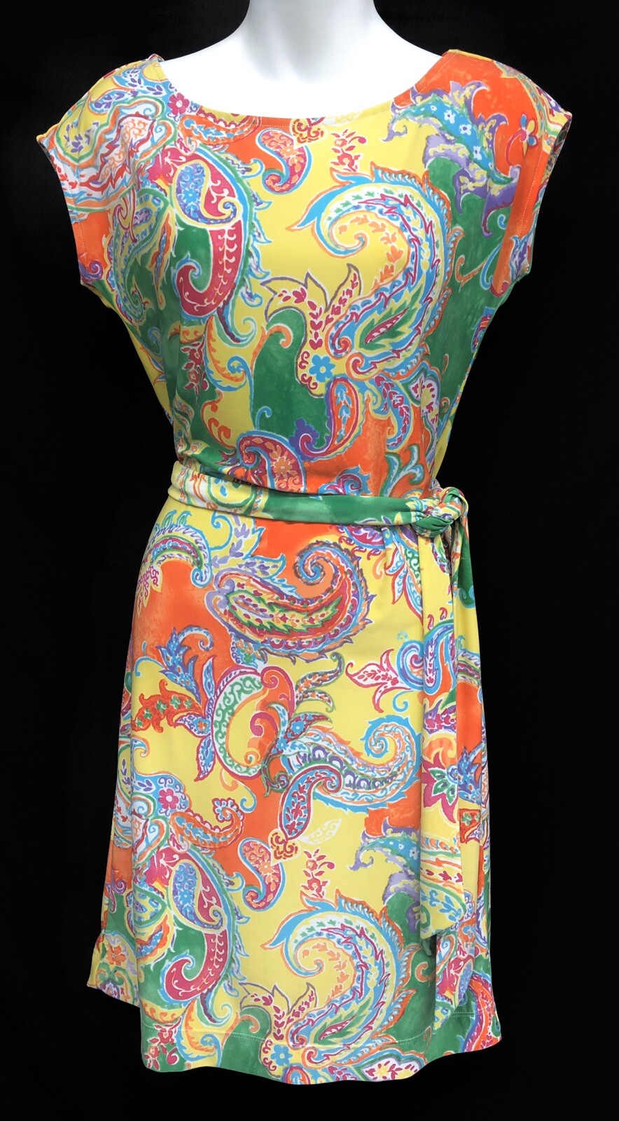 LRL Ralph Lauren Petites Sz PS Belted Jersey Knit Bright Paisley Womens Dress thumbnail 3