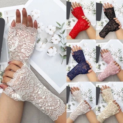 Womens Summer Floral Lace Fingerless Gloves UV Sun Protection Driving Mittens