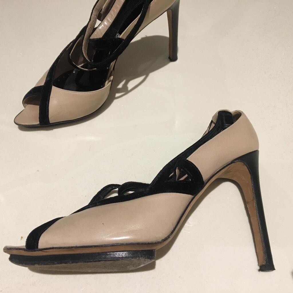 Sandali YSL Saint Laurent beige pelle velluto nero tacchi taglia 38