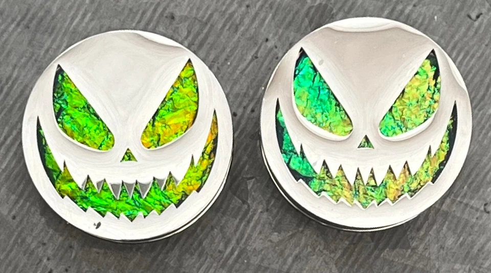 PAIR Scary Jack-O-Lantern Opal Glitter Screw Fit Tunnels Ear Plugs Earlet Gauges - Image 4 of 4