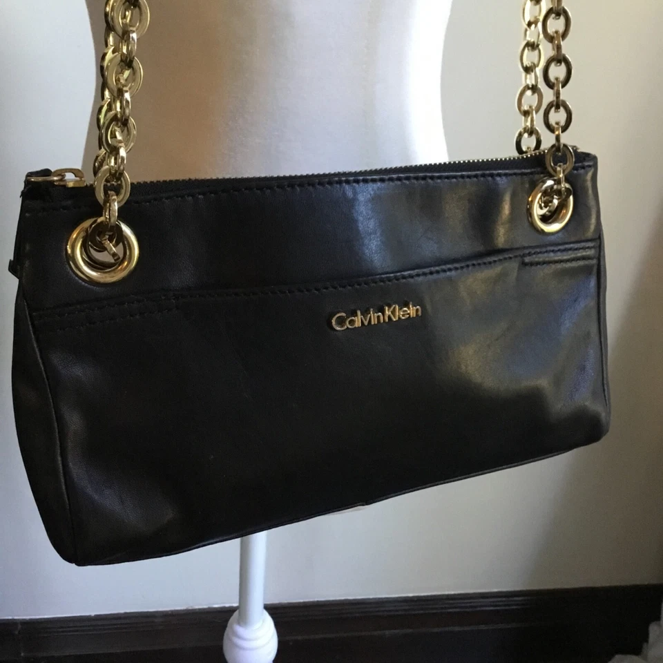 CALVIN KLEIN Bandolera Bolso de Hombro Cartera Cuero Negro Cadena Dorada Foto 4 de 4