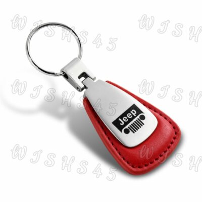 JEEP Logo Tear Drop Authentic Red Leather Key Fob Keyring Keychain Tag